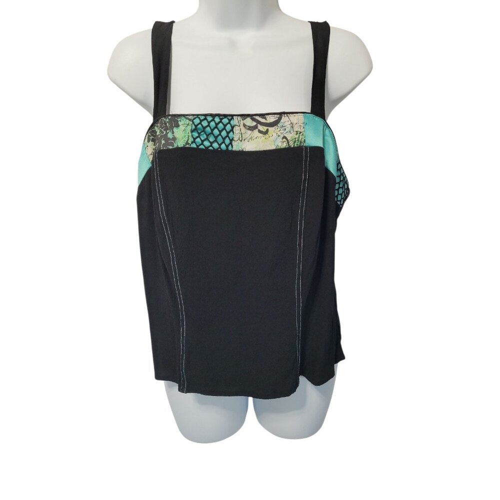 tommy n LouLou Womens Cropped Tank‎ Top Size L Teal Black Coastal Beachy Crepe
